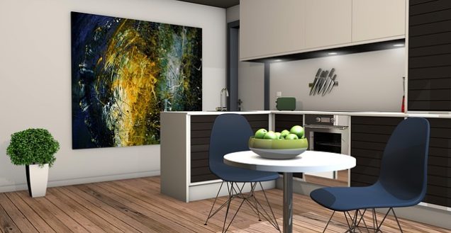 Apartments in San Antonio near Six Flags Fiesta A 3d rendering of a modern kitchen with a beautiful painting adorning the wall, perfect for apartments for rent.